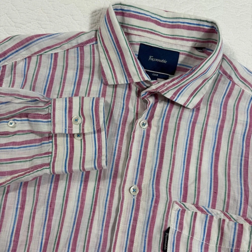 Façonnable Club Button Up Shirt Mens L Stripe 100% Linen‎ Elbow Patch Preppy EUC